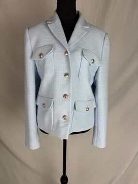 Ann Taylor Light Blue Tweed Jacket Blazer Silver Buttons Size 12